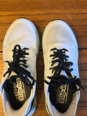 Skechers White Mesh Sneakers with Black Laces and Mint Accents